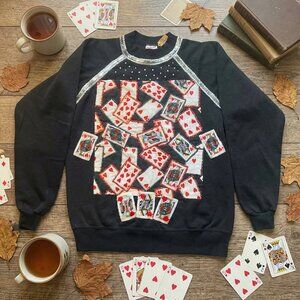 Vintage 90s Sweater Made in USA – Playing Card Design with Hand-Embroidered